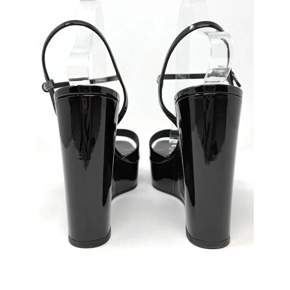 Prada Black Patent Leather Platform Wedge Sandals‎ Size 41 Ankle Strap Heels